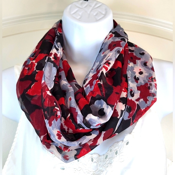 Black, Red and White Floral Print Lightweight Scarf -  70" x 20" - Picture 3 of 8